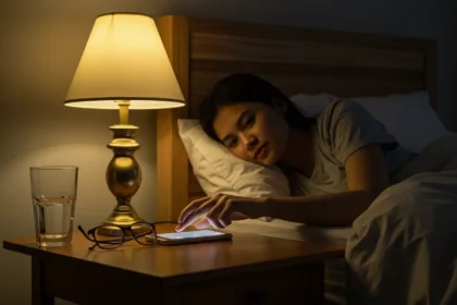 Filipina turning off her phone before bed as part of better sleep tips to iwas puyat.