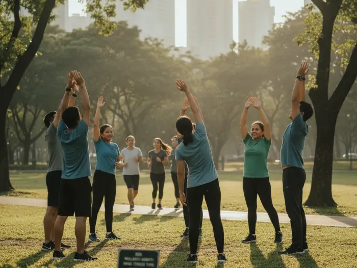 Filipinos practicing everyday iwas stress tips through exercise in the park.