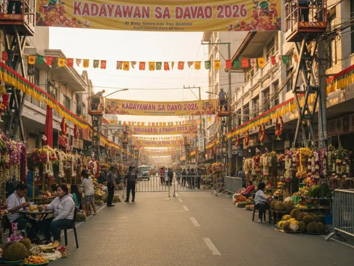 Davao City streets decorated with Kadayawan 2026 banners and buntings before the festival starts.