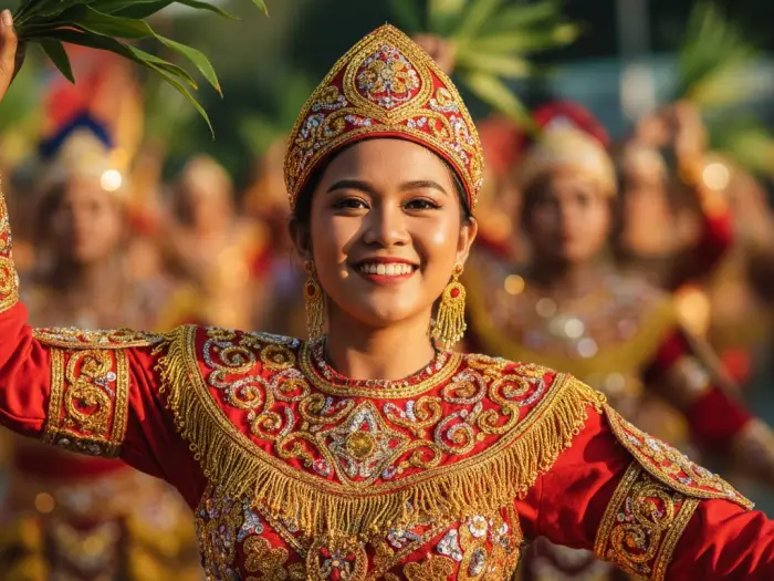 Filipina dancer smiling in colorful tribal costume during the Kadayawan Festival in Davao City.
