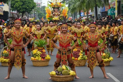 Tribal dancers in colorful red and gold costumes performing at the Kadayawan Festival in Davao City.