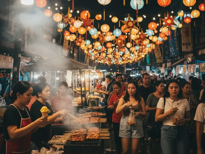 Tourists enjoying street food and lights at Roxas Avenue Night Market during Kadayawan Festival.