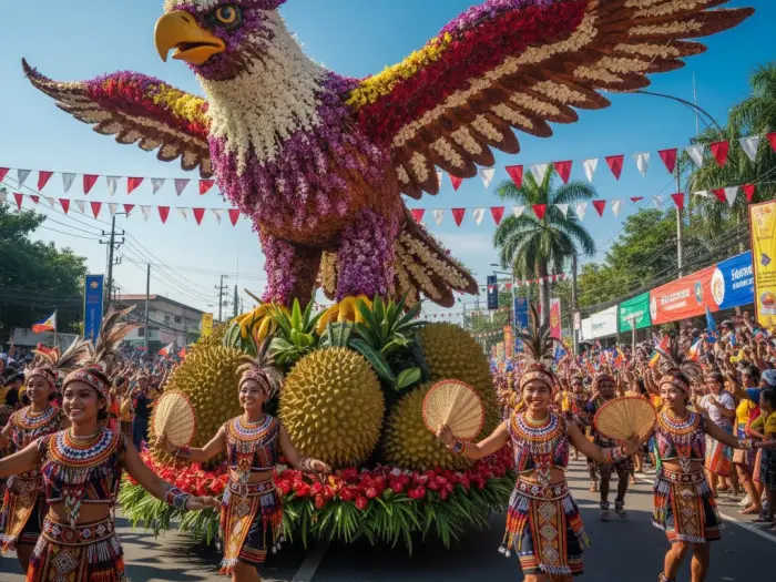 Floral float featuring a Philippine eagle and dancers during the Kadayawan Festival parade in Davao City.
