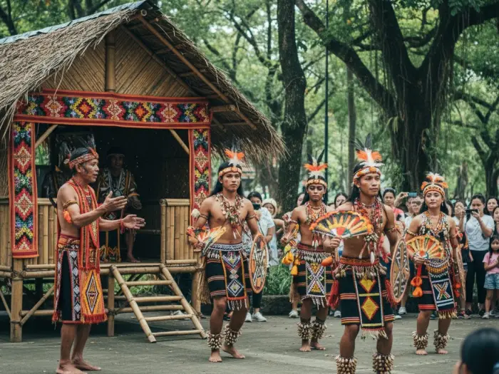 Indigenous performers showcasing tribal dances and music during Kadayawan cultural presentations.