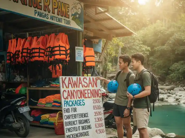 Filipino tourists checking canyoneering package prices at a local tour office in Badian, Cebu.
