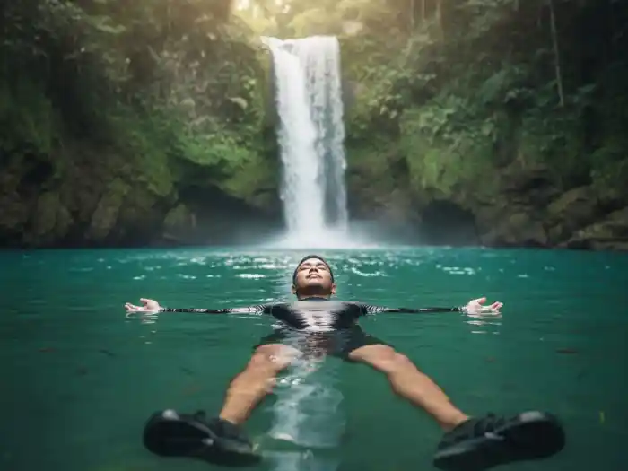 Filipino traveler floating peacefully at Kawasan Falls after a full day of canyoneering.