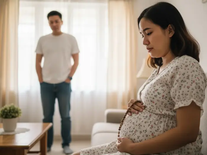 Pregnant Filipina sitting calmly after an argument, holding a rosary.