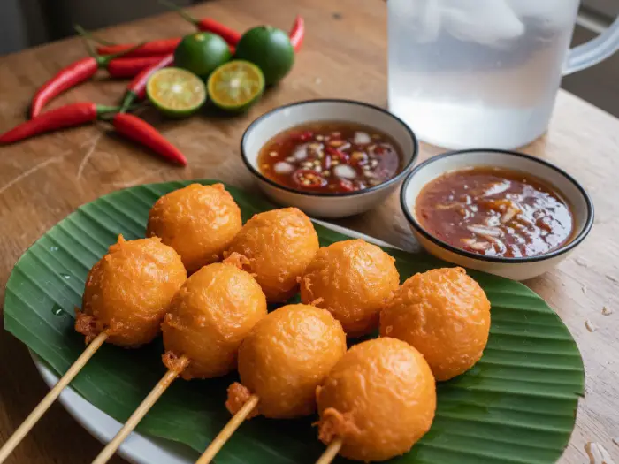 Filipino street foods kwek-kwek recipe with vinegar and sweet dipping sauces