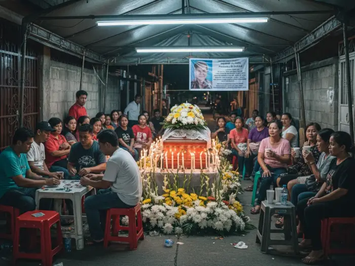 Filipino family and neighbors staying awake at a lamay vigil in a small town.