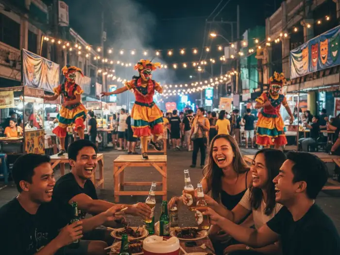 Locals and tourists enjoy food, drinks, and street performances during MassKara Festival night.