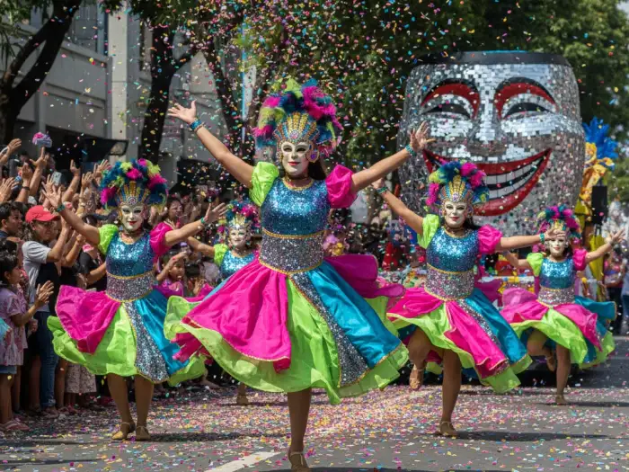 Masked performers dancing energetically during the MassKara Festival parade in Bacolod City.