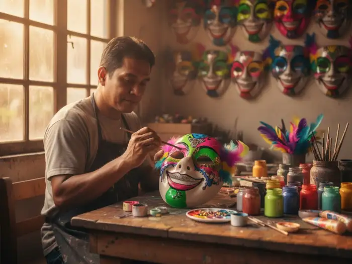 Local artisan hand-paints a colorful MassKara Festival mask inside a Bacolod workshop.
