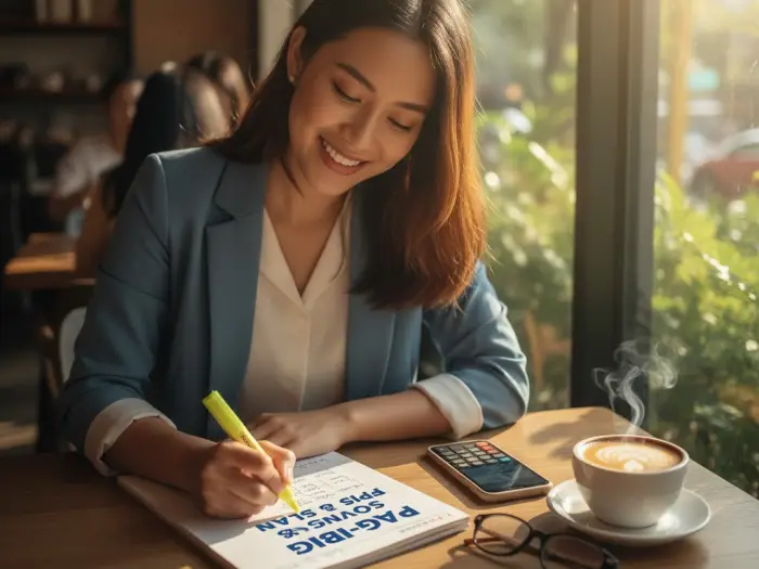Filipino professional reviewing Pag-IBIG membership tips and financial plans at a café.