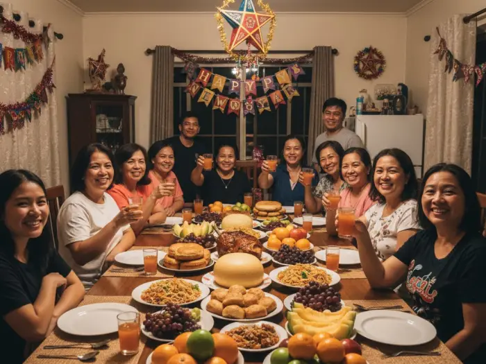 Filipino family enjoying the traditional Media Noche feast during New Year’s Eve.