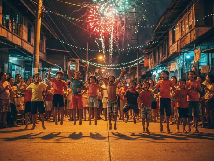 Filipino children jumping at midnight on New Year’s Eve to grow taller.