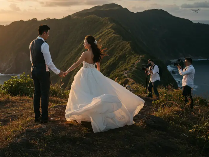 Modern Filipino couple posing for wedding photos at a scenic Tagaytay viewpoint.