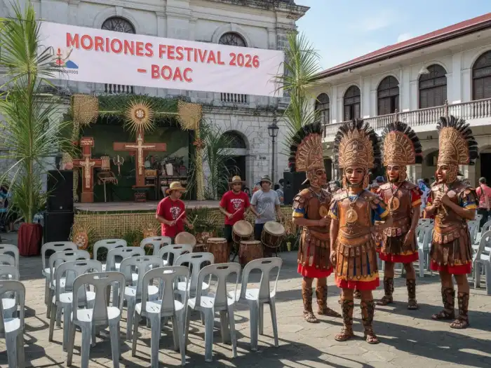 Early morning preparations at Boac plaza for the 2026 Moriones Festival in Marinduque.