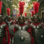 Morions in full Roman centurion masks and armor parading in Marinduque during Holy Week.