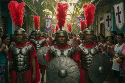 Morions in full Roman centurion masks and armor parading in Marinduque during Holy Week.