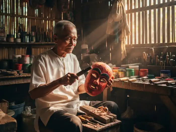 Craftsman carving a wooden Morion mask inside his workshop in Marinduque.