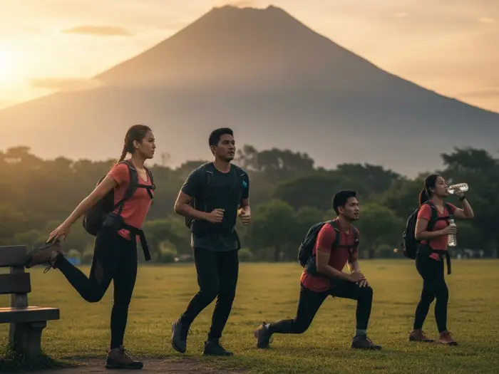 Filipino climbers training outdoors with Mount Apo visible in the background.