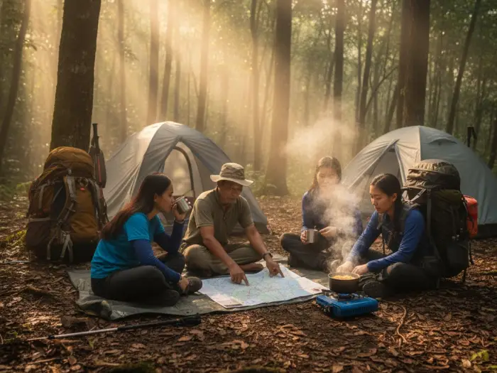 Filipino hikers camping on Mount Apo with a local guide during a guided climb.