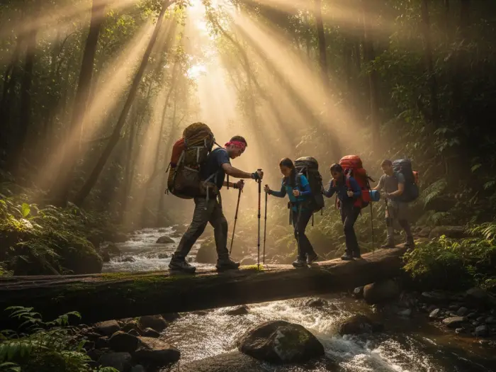 Filipino climbers crossing a forest river during the Mount Apo hike itinerary.