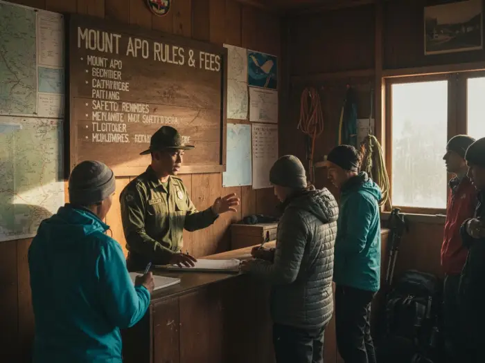 Mount Apo climbers registering and securing permits at the Ranger Station before the hike.