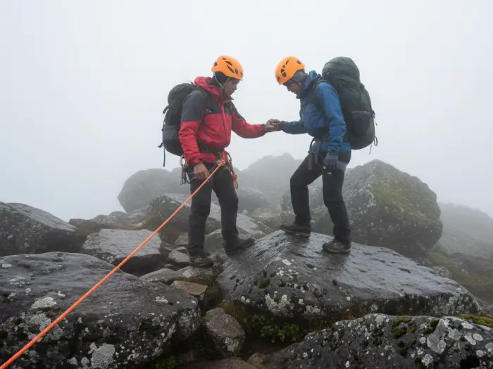 Mount Apo guide helping a climber across a slippery rocky section in the fog.