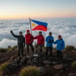 Filipino climbers celebrating sunrise at the summit of Mount Apo, the highest peak in the Philippines.