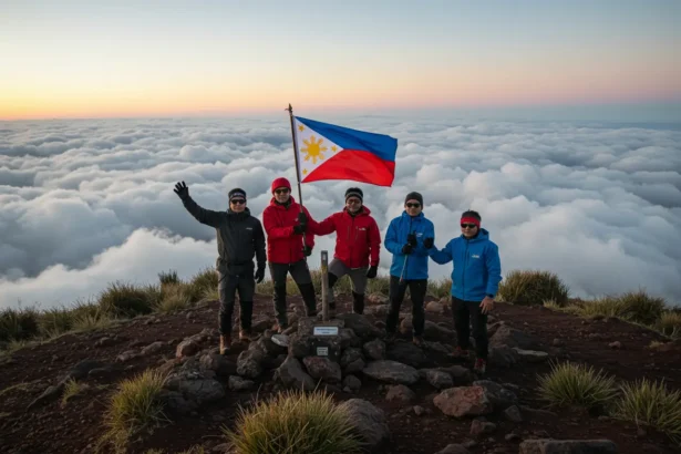 Filipino climbers celebrating sunrise at the summit of Mount Apo, the highest peak in the Philippines.