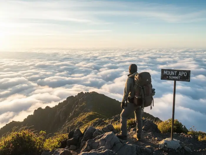 Filipino climber standing near summit marker of Mount Apo with clouds below.