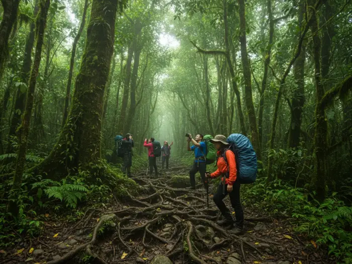 Filipino hikers trekking through a mossy forest trail on Mount Apo’s Davao route.