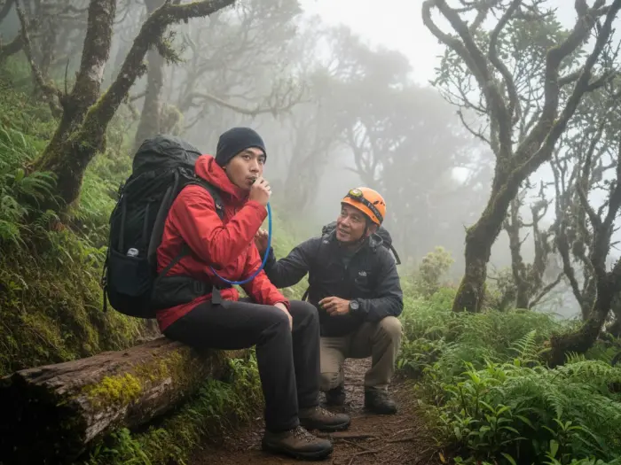 Filipino hiker resting on Mount Pulag trail to avoid altitude sickness during the climb.