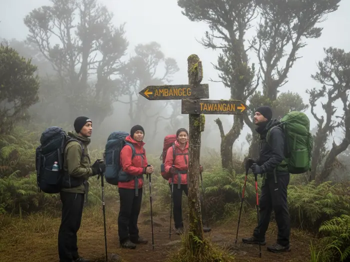 Filipino hikers at Mount Pulag trail signpost choosing between Ambangeg, Akiki, and Tawangan routes.