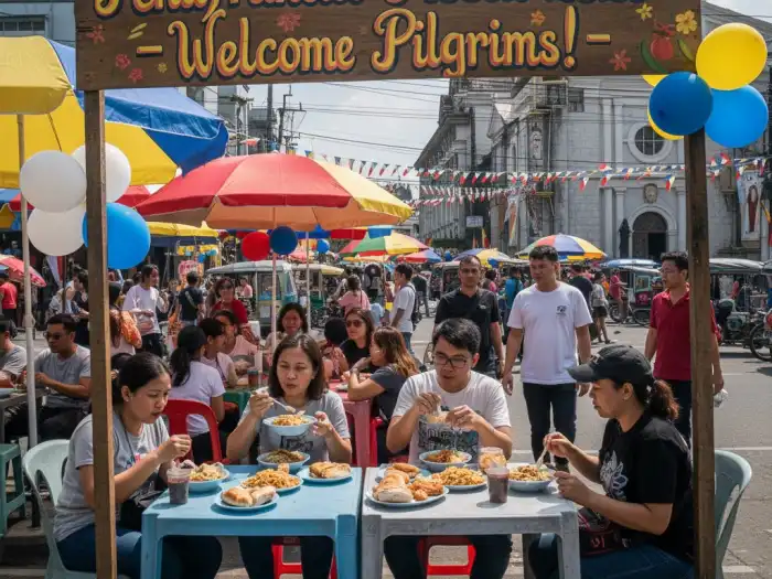 Travelers enjoying local Bicolano street food during Peñafrancia Festival in Naga.