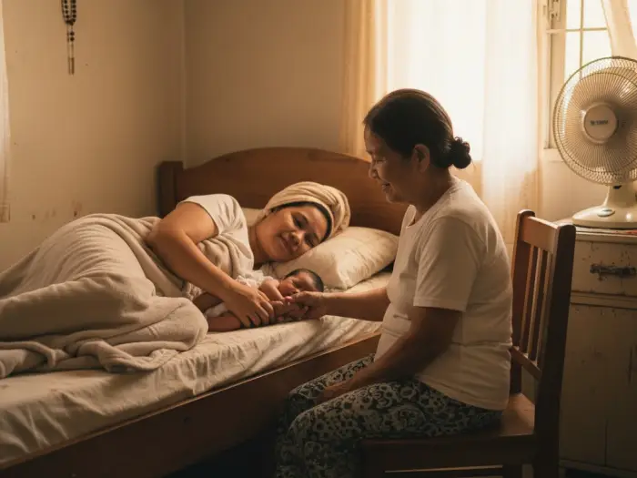 New Filipino mother resting with baby, following the pamahiin of no bathing after birth.