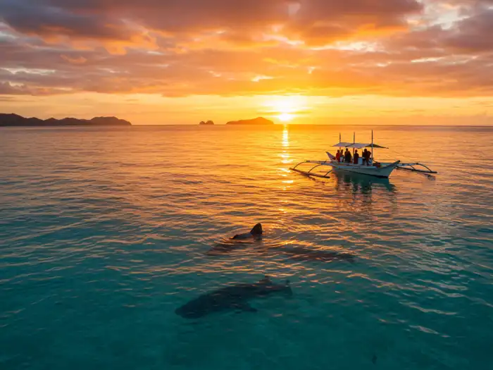 Outrigger boat sailing away from Oslob during sunset after whale shark experience.