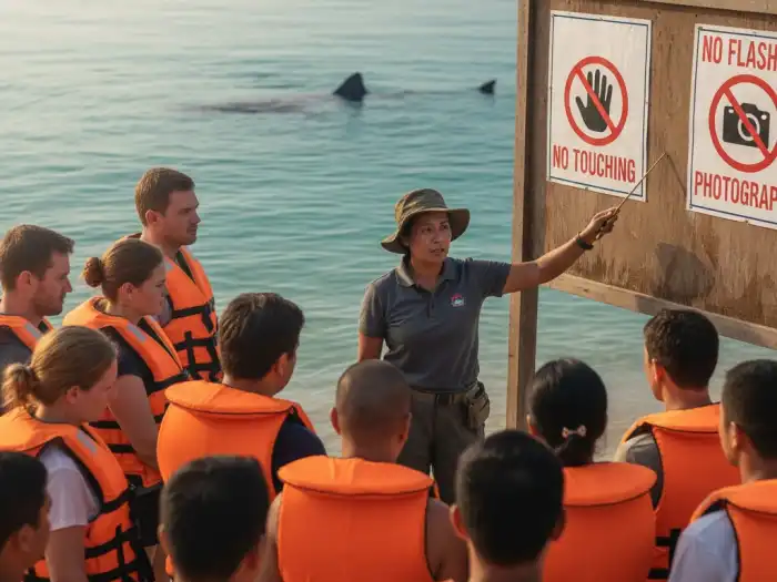 Eco guide explaining whale shark protection rules to tourists in Oslob, Cebu.