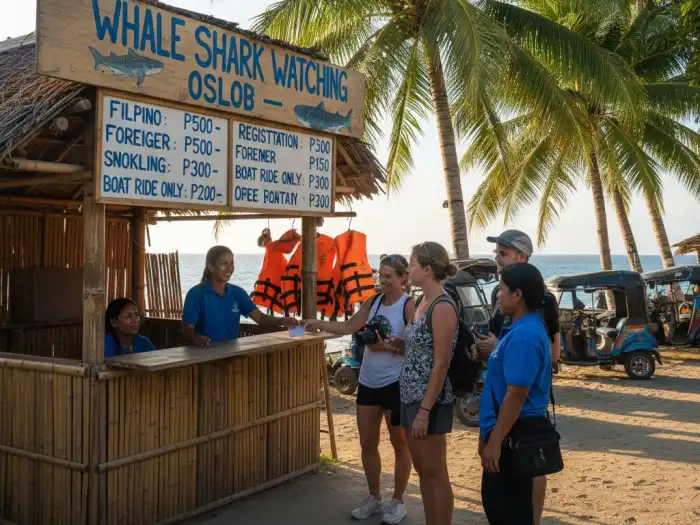 Whale shark registration booth showing fees and safety gear in Oslob, Cebu.