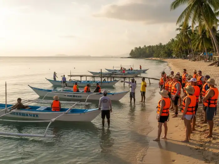 Tourists and guides preparing boats for the whale shark experience in Oslob, Cebu.