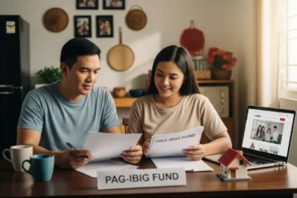 Filipino couple reviewing Pag-IBIG Fund housing loan and savings options at home.