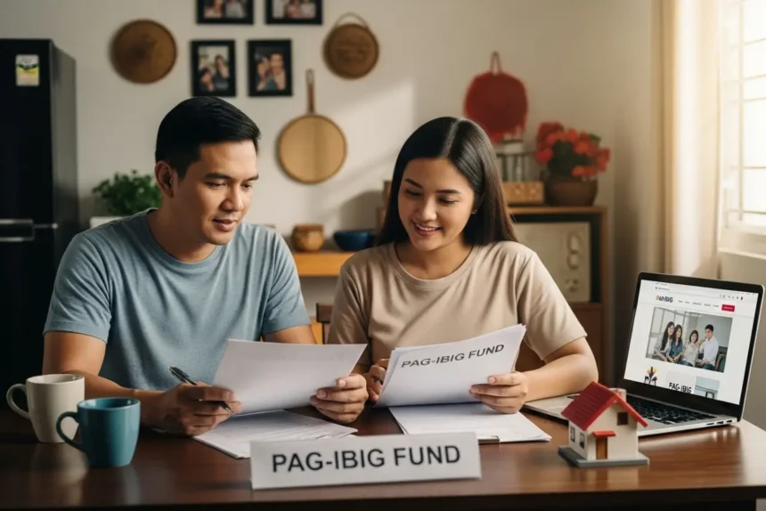 Filipino couple reviewing Pag-IBIG Fund housing loan and savings options at home.