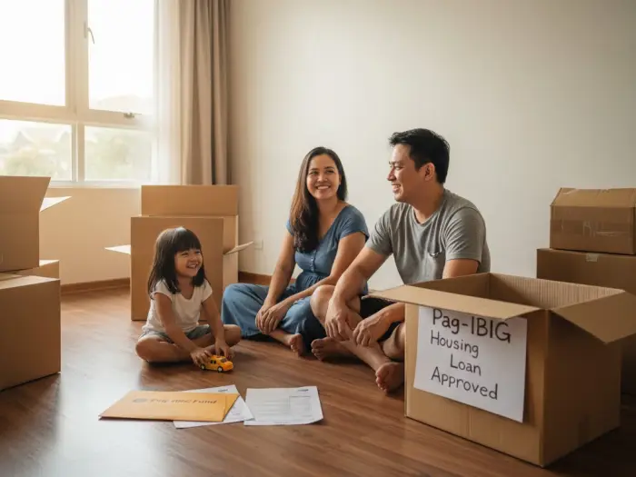 Filipino family happily settling into a new home through a Pag-IBIG housing loan.