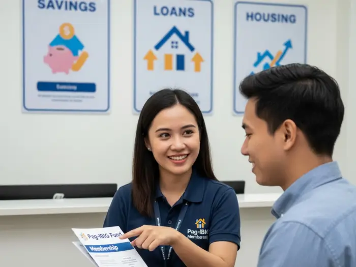 Filipino Pag-IBIG Fund representative assisting a member with joining and understanding Pag-IBIG.