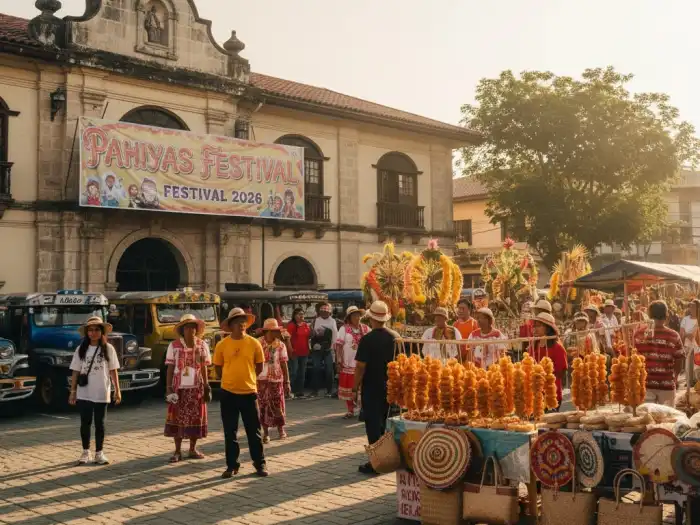 Early morning crowd at Lucban town plaza preparing for the Pahiyas Festival 2026 opening.