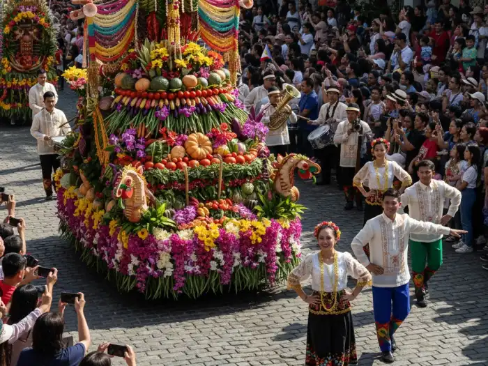 Colorful float decorated with kiping and vegetables during the Pahiyas Festival parade.