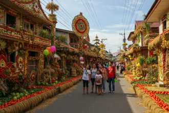 Houses in Lucban, Quezon decorated with kiping and vegetables during the Pahiyas Festival.