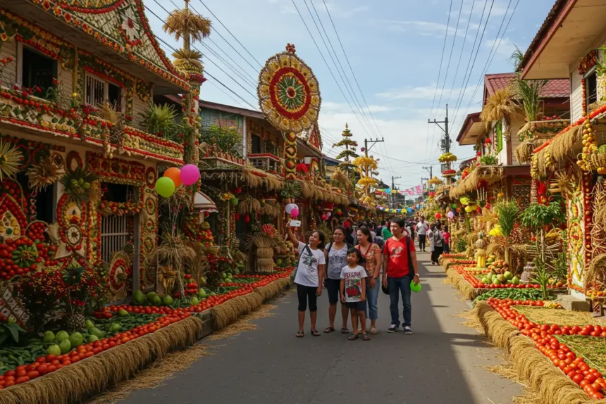 Houses in Lucban, Quezon decorated with kiping and vegetables during the Pahiyas Festival.