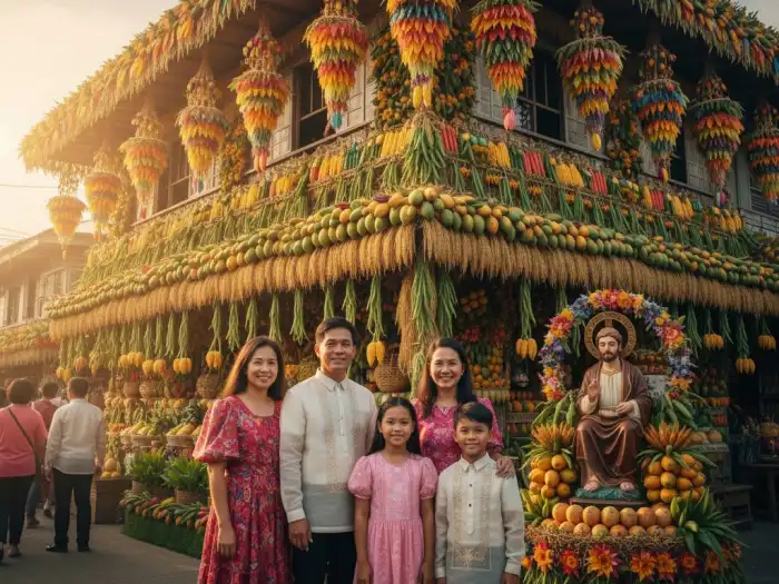 Lucban family posing in front of a colorful kiping-decorated house during Pahiyas Festival.
